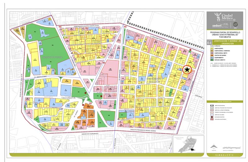 Mapa del uso de suelo de la zona patrimonial de Tacubaya de la alcaldía Miguel Hidalgo (los terrenos del proyecto “Patio Progreso” se identifican con una estrella).