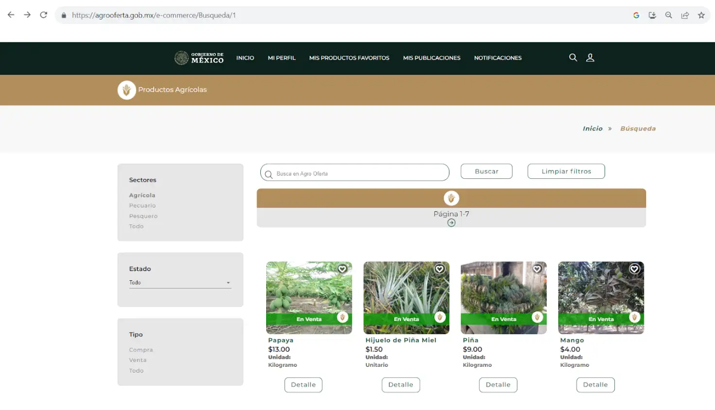 Imagen 3. Captura de pantalla del portal AgroOferta al momento de consultar productos agrícolas